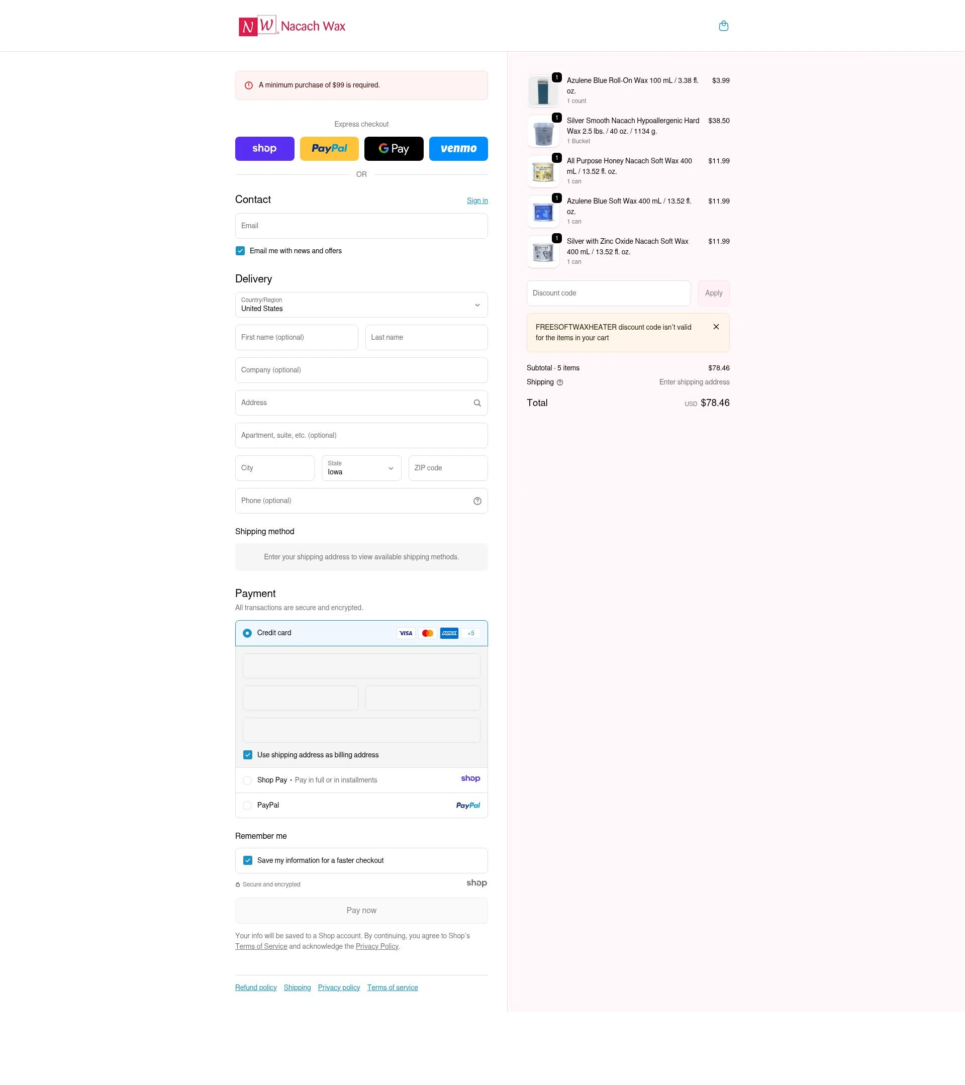 Nacach Wax checkout page showing Nacach Wax discount code box | Screenshot taken by SimplyCodes community member on Jan 6, 2026