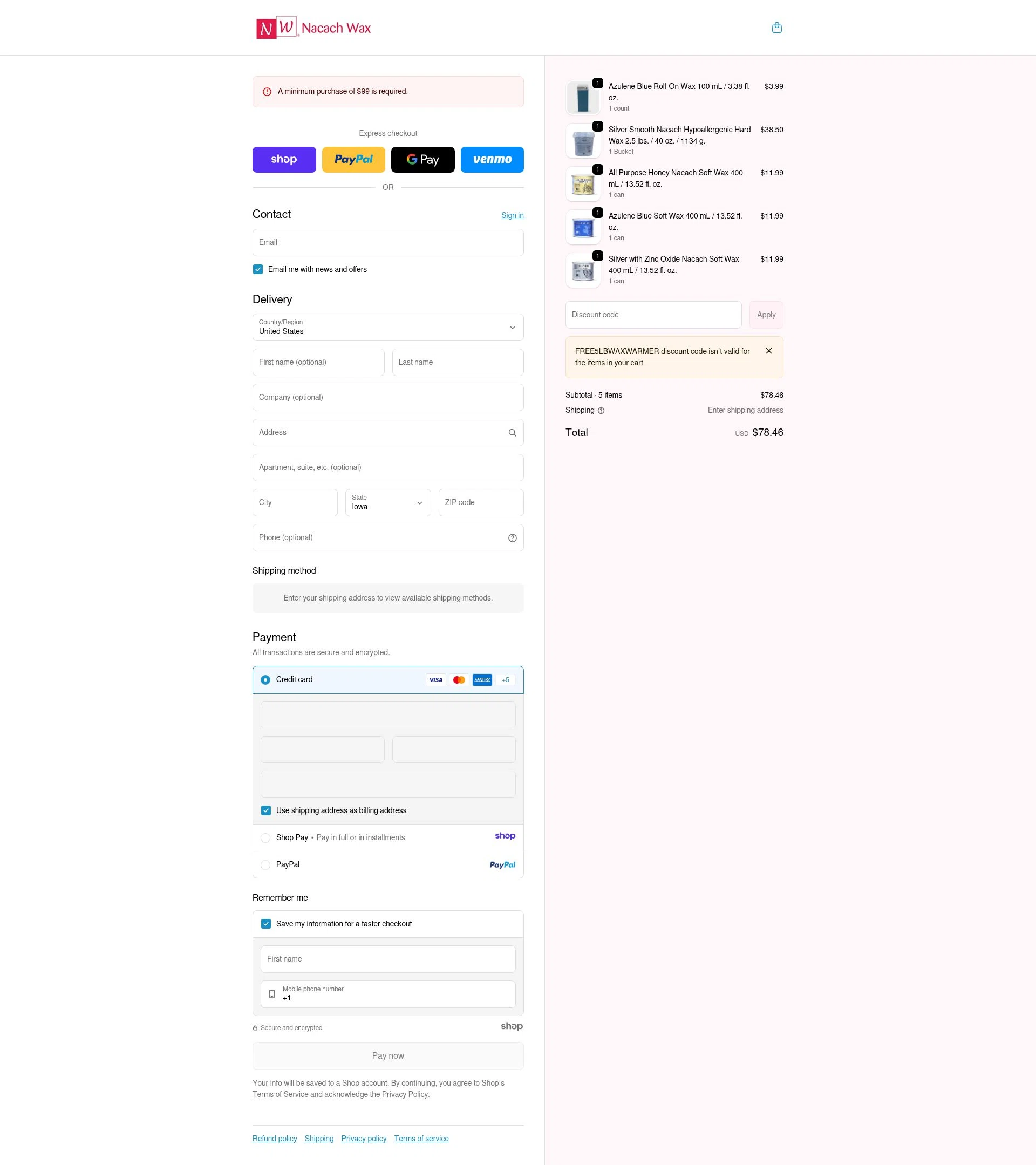 Nacach Wax checkout page showing Nacach Wax discount code box | Screenshot taken by SimplyCodes community member on Dec 27, 2025