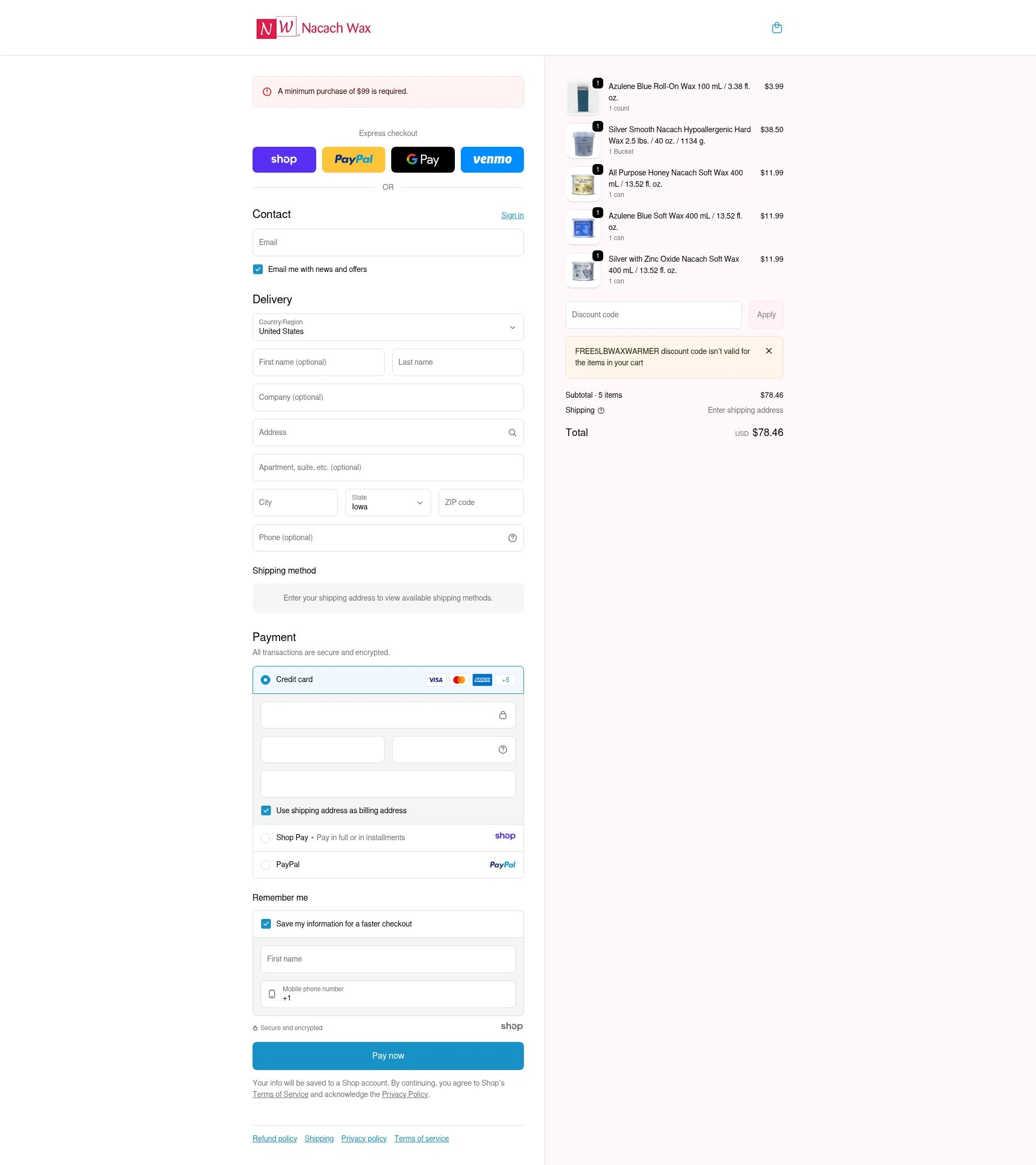 Nacach Wax checkout page showing Nacach Wax discount code box | Screenshot taken by SimplyCodes community member on Jan 6, 2026