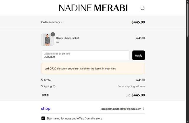 Nadine Merabi checkout page showing Nadine Merabi discount code box | Screenshot taken by SimplyCodes community member on Sep 10, 2025