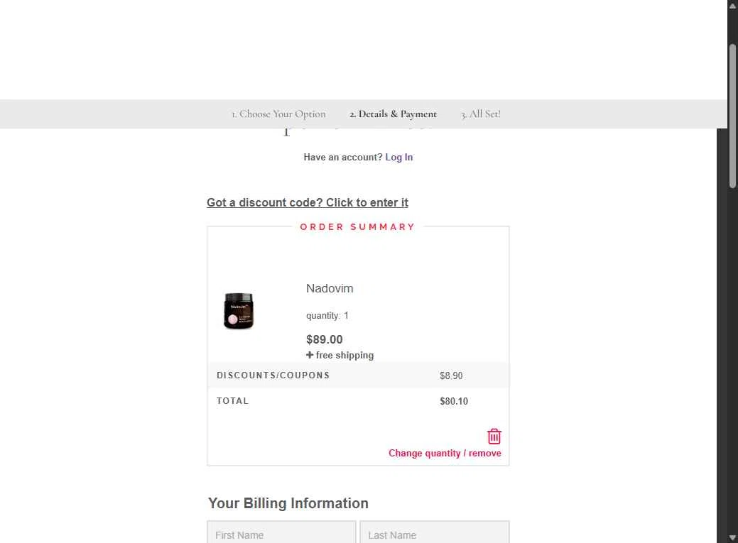 Nadovim checkout page showing Nadovim coupon code box | Screenshot taken by SimplyCodes community member on Dec 8, 2025