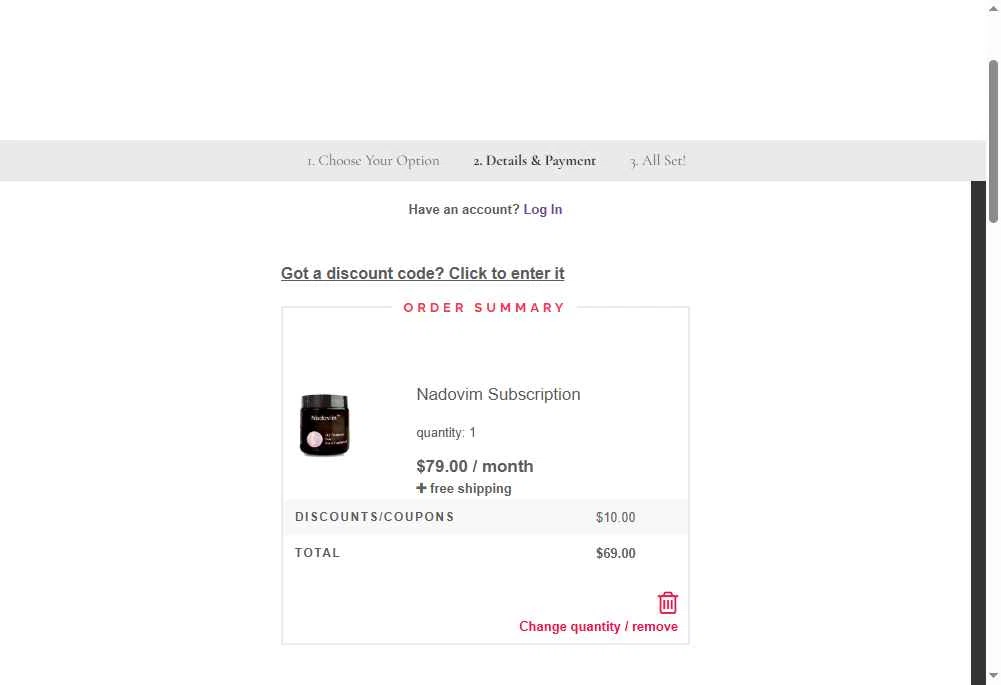 Nadovim checkout page showing Nadovim coupon code box | Screenshot taken by SimplyCodes community member on Oct 11, 2025