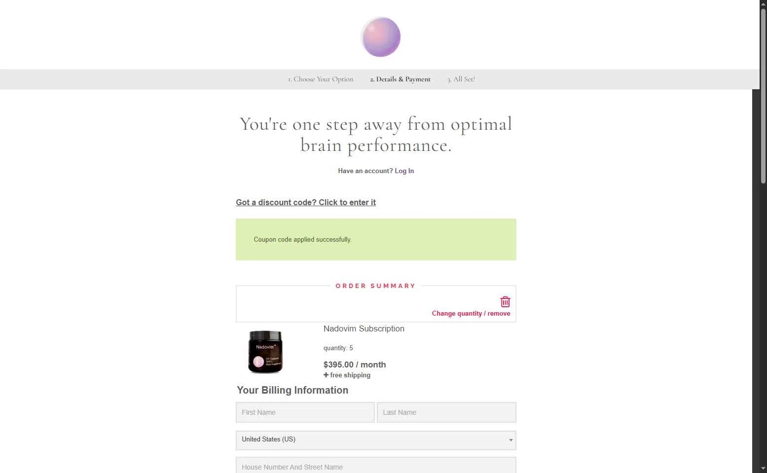 Nadovim checkout page showing Nadovim coupon code box | Screenshot taken by SimplyCodes community member on Dec 8, 2025