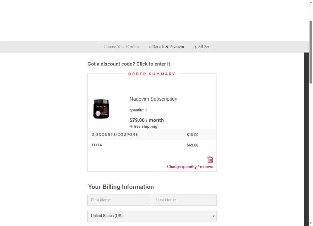 Nadovim checkout page showing Nadovim coupon code box | Screenshot taken by SimplyCodes community member on Nov 9, 2025