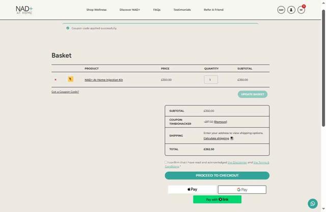 NAD+ AT HOME checkout page showing NAD+ AT HOME promo code box | Screenshot taken by SimplyCodes community member on May 2, 2025