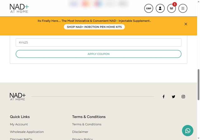 NAD+ AT HOME checkout page showing NAD+ AT HOME promo code box | Screenshot taken by SimplyCodes community member on Jun 18, 2025