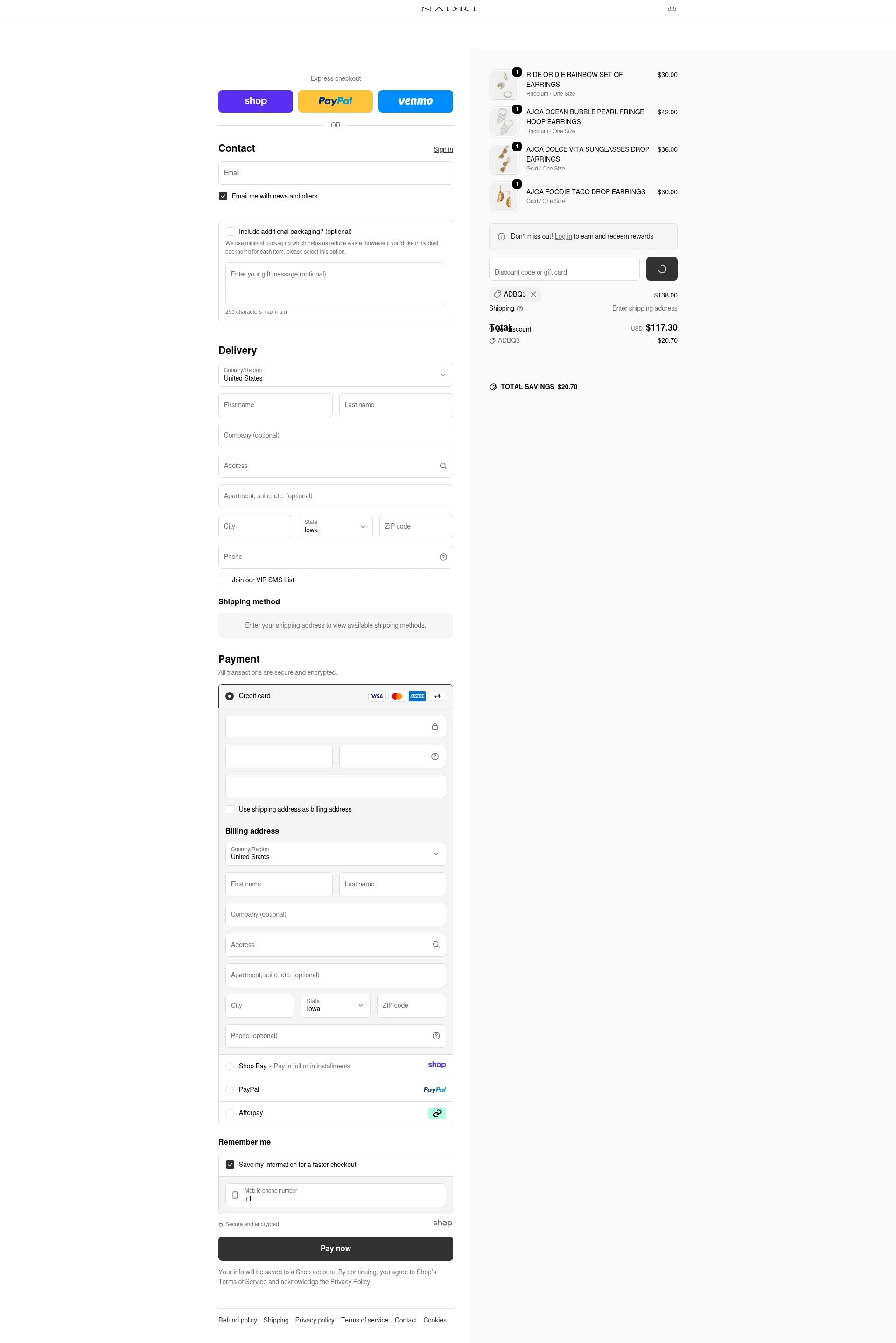 Nadri Jewelry checkout page showing Nadri Jewelry promo code box | Screenshot taken by SimplyCodes community member on Dec 30, 2025
