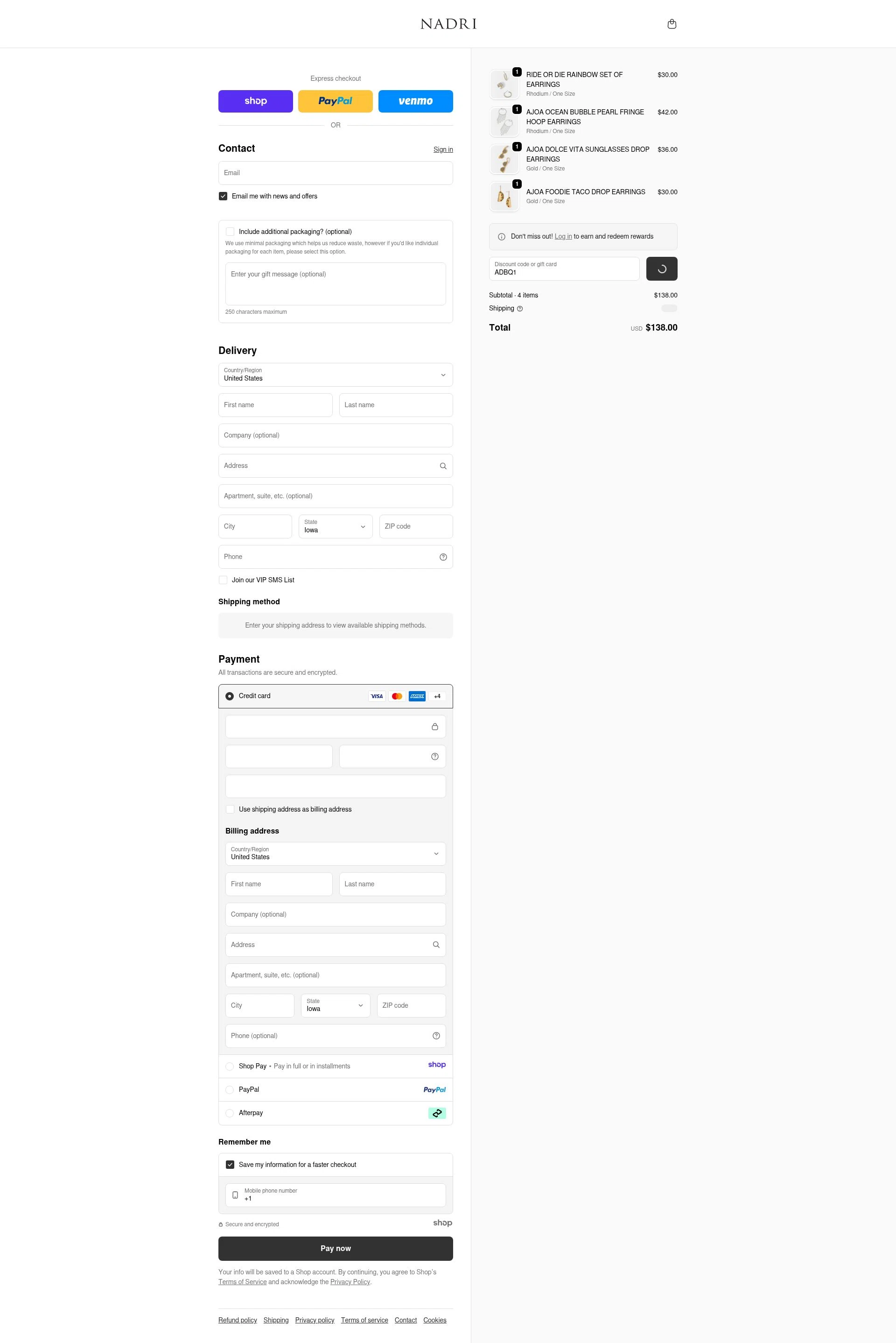 Nadri Jewelry checkout page showing Nadri Jewelry promo code box | Screenshot taken by SimplyCodes community member on Dec 30, 2025