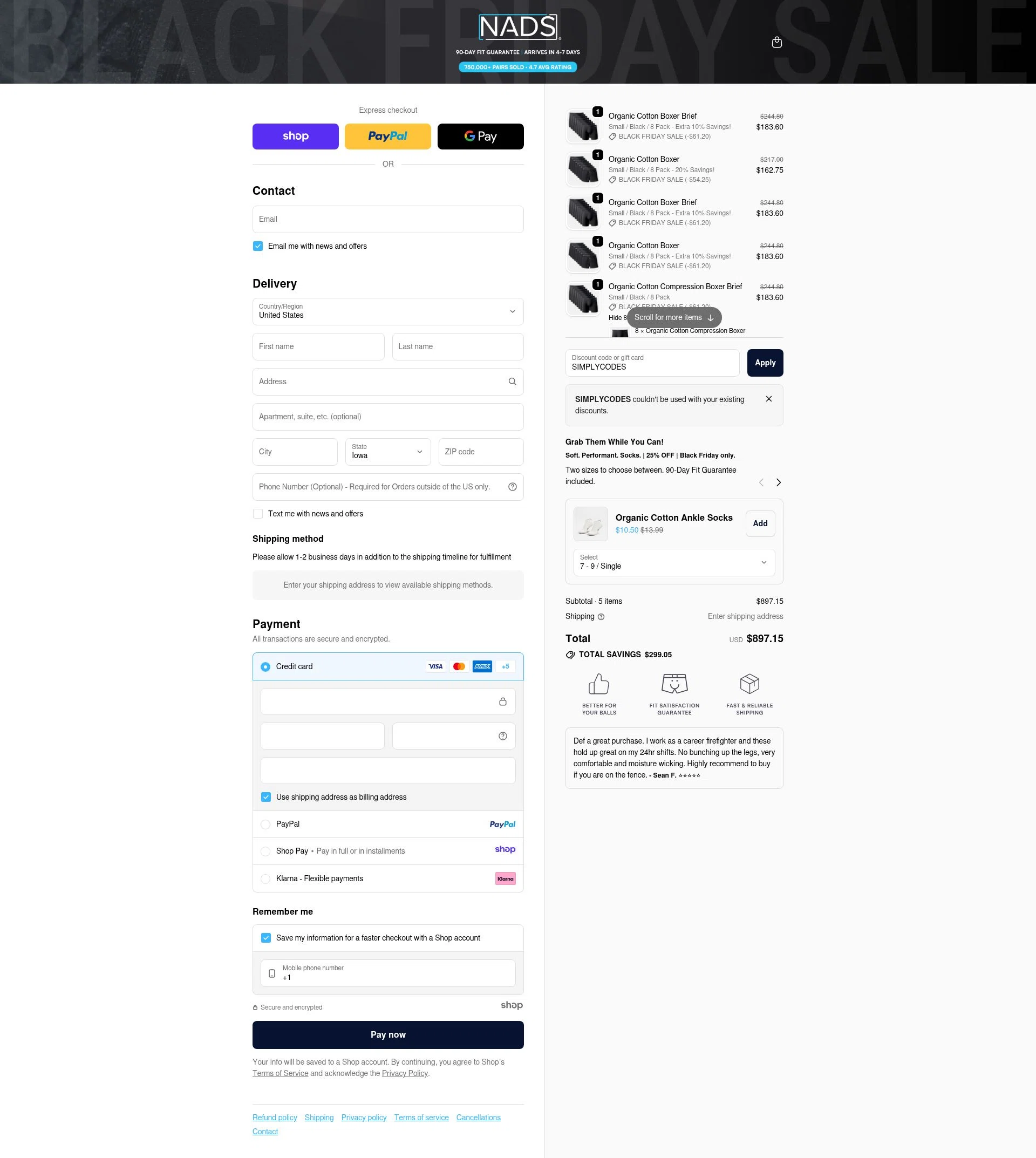 Nads checkout page showing Nads discount code box | Screenshot taken by SimplyCodes community member on Nov 24, 2025