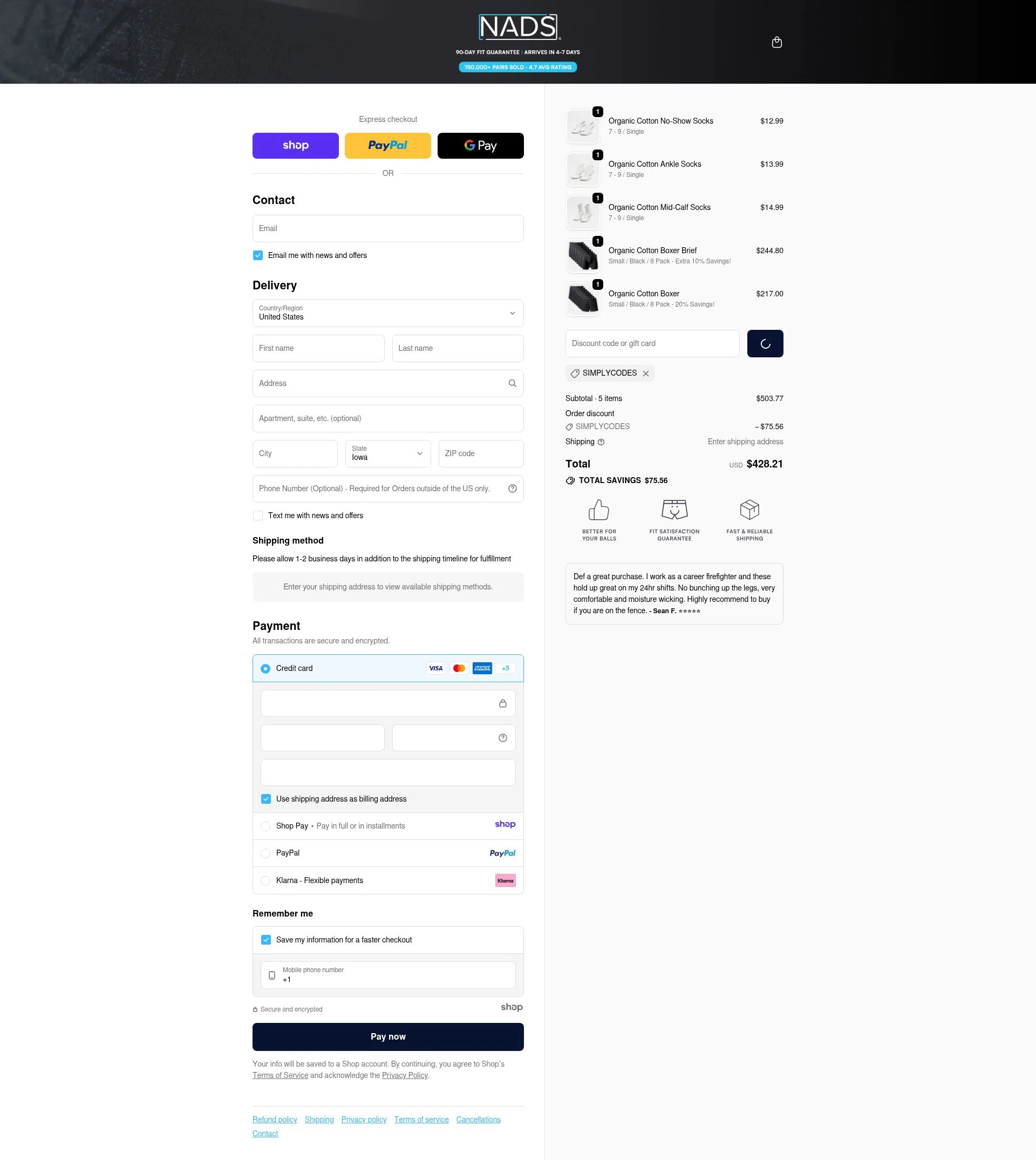 Nads checkout page showing Nads discount code box | Screenshot taken by SimplyCodes community member on Dec 28, 2025