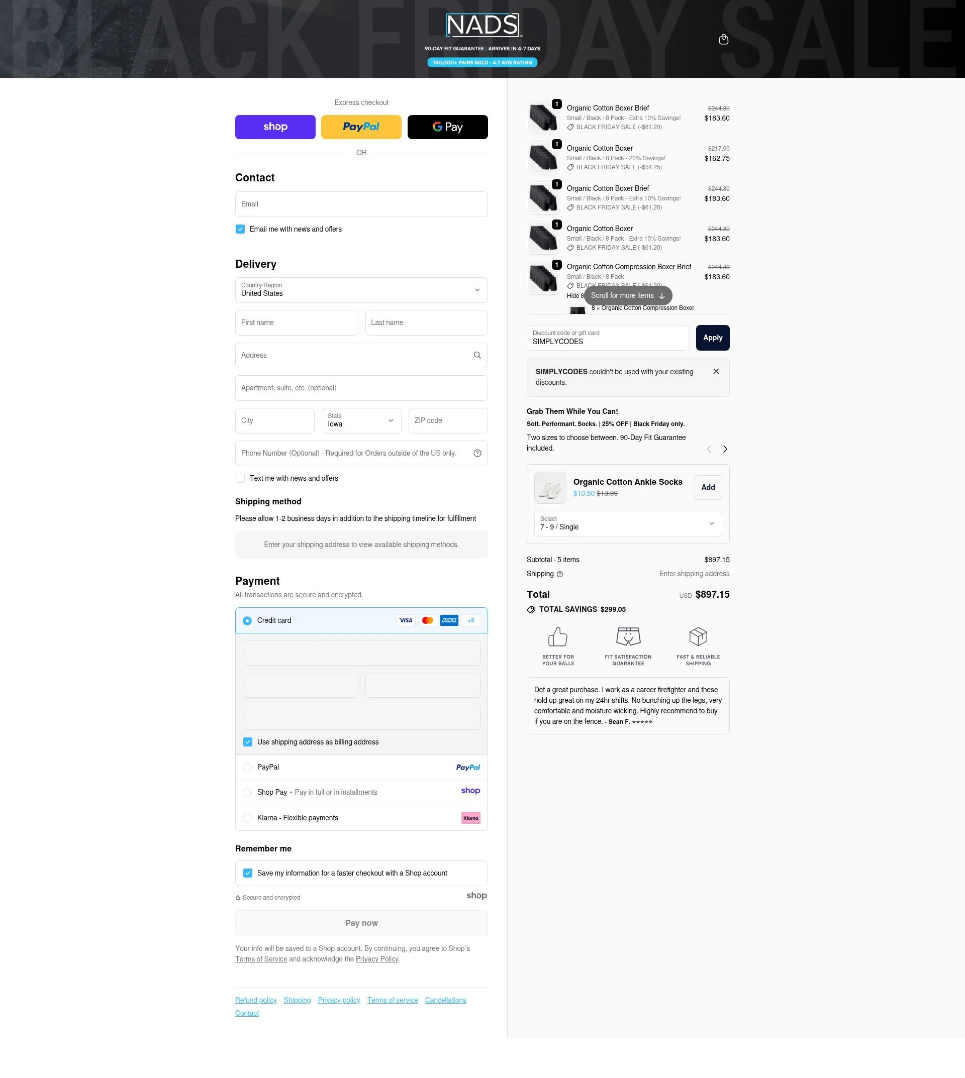 Nads checkout page showing Nads discount code box | Screenshot taken by SimplyCodes community member on Nov 29, 2025