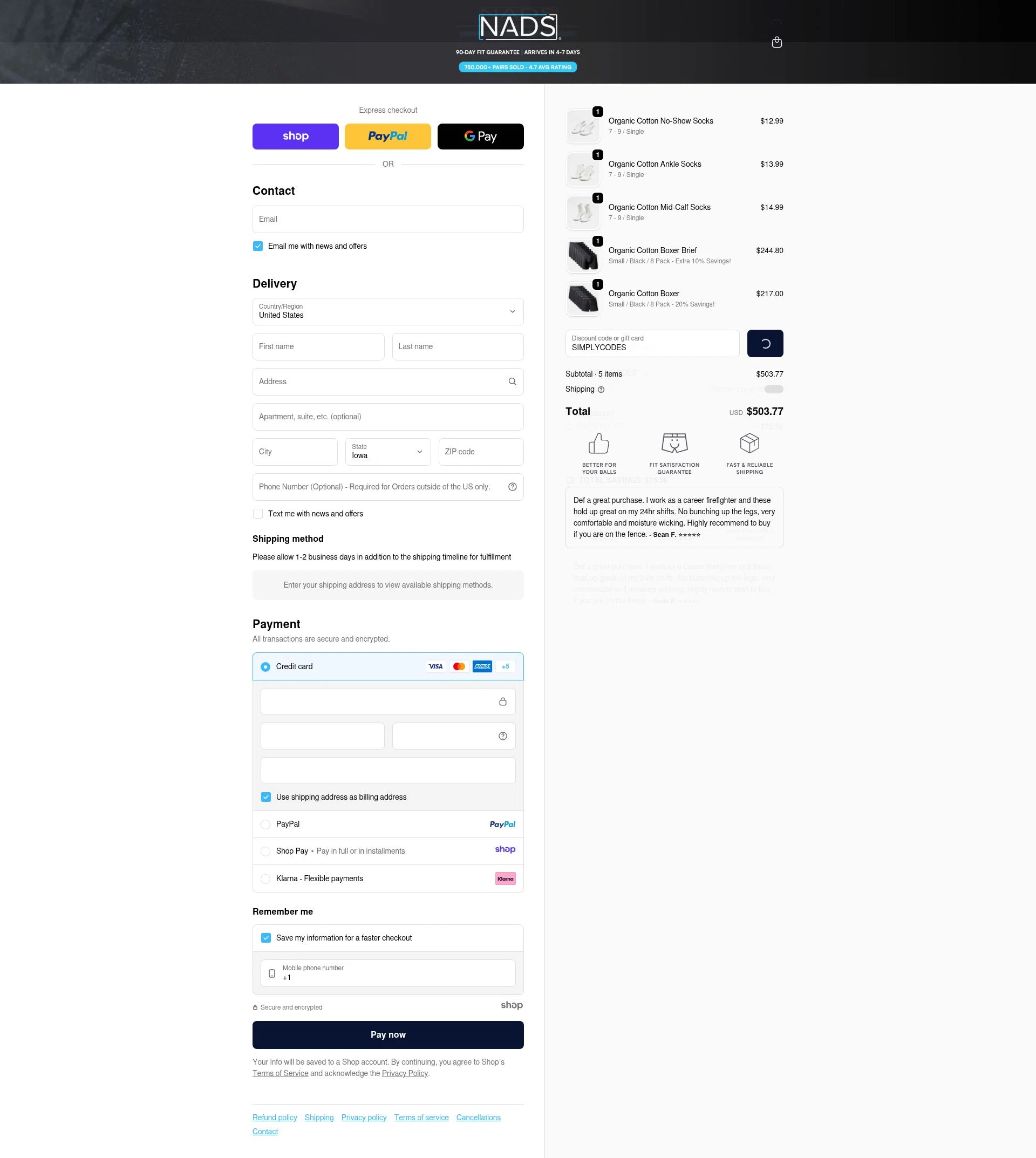 Nads checkout page showing Nads discount code box | Screenshot taken by SimplyCodes community member on Dec 16, 2025