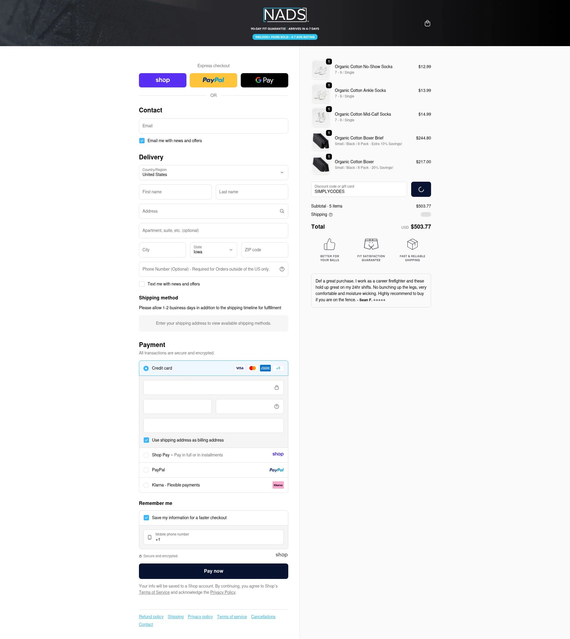 Nads checkout page showing Nads discount code box | Screenshot taken by SimplyCodes community member on Jan 2, 2026