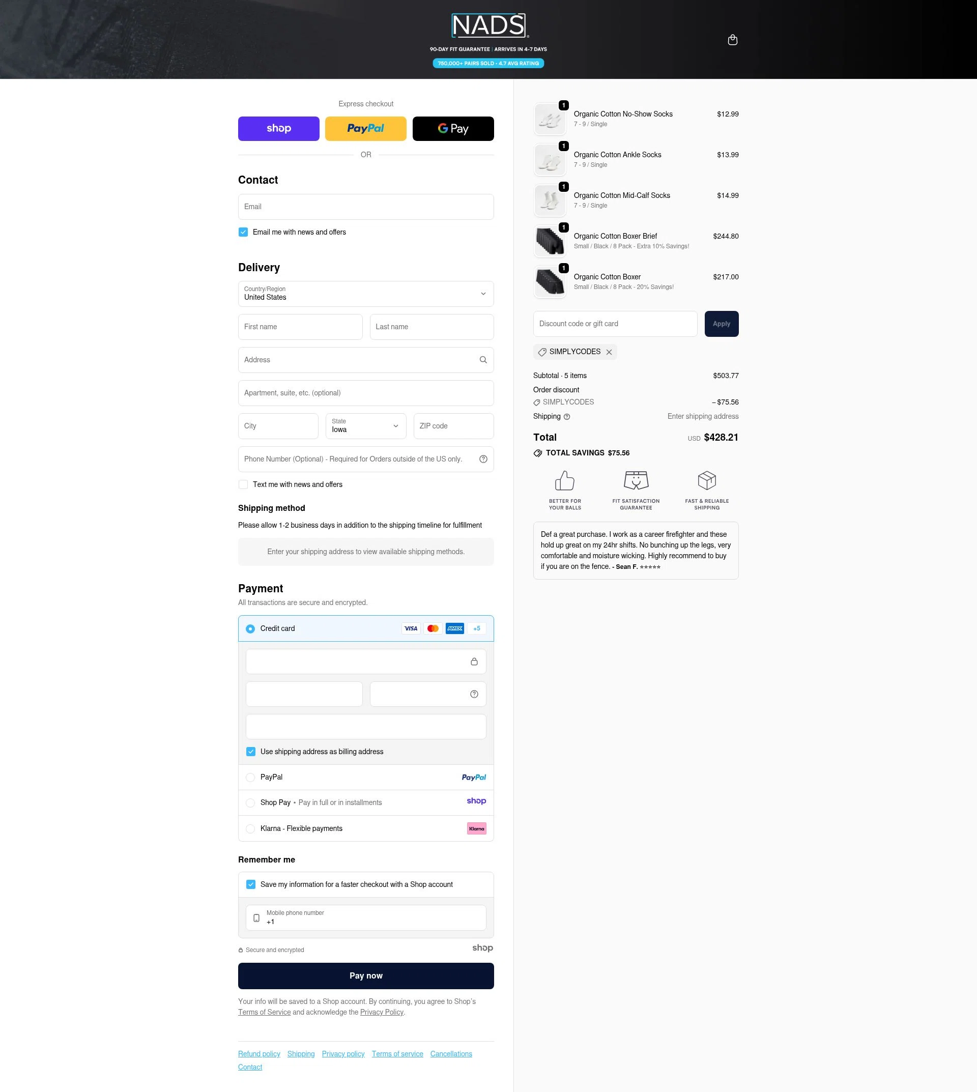 Nads checkout page showing Nads discount code box | Screenshot taken by SimplyCodes community member on Dec 5, 2025