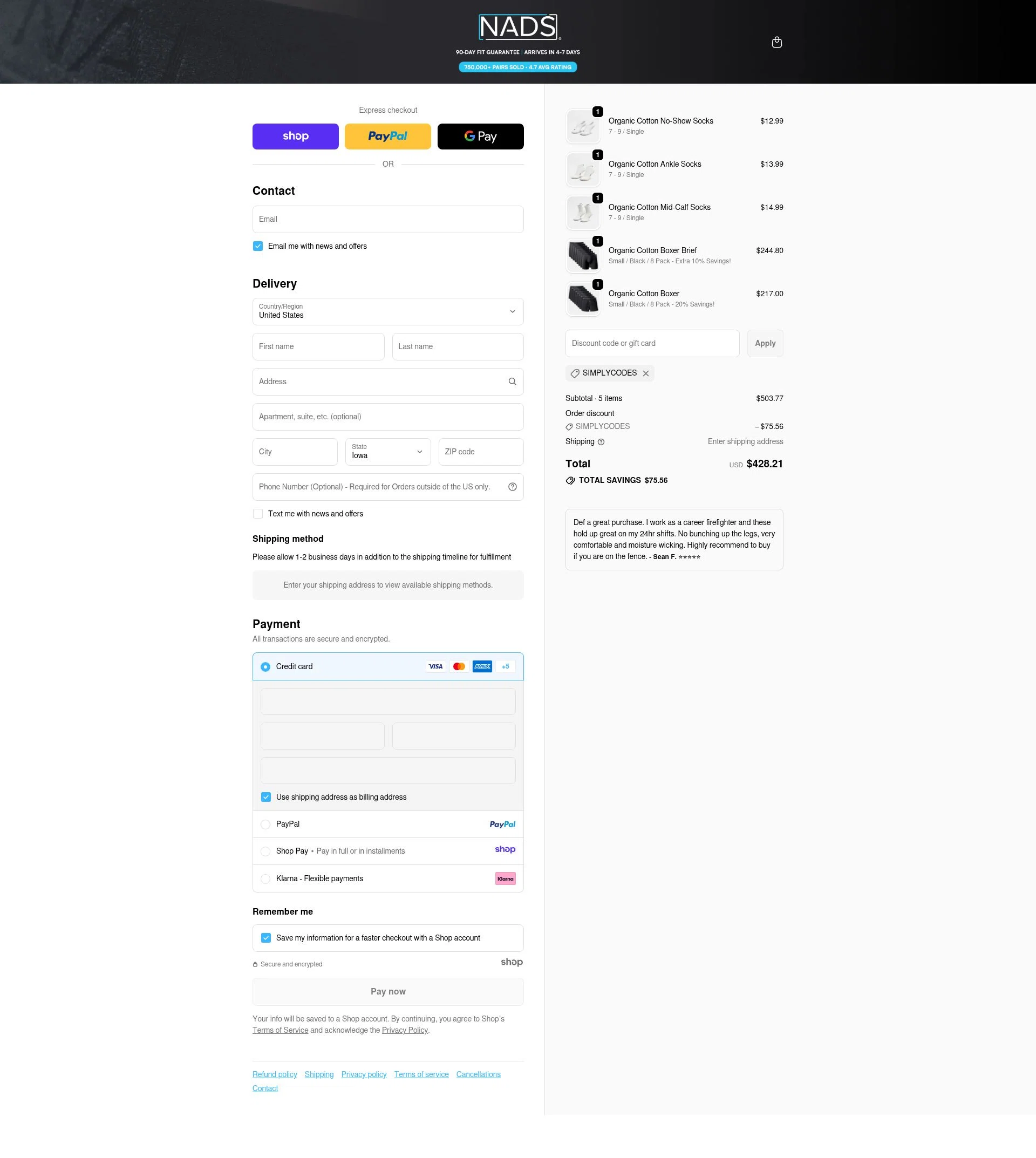 Nads checkout page showing Nads discount code box | Screenshot taken by SimplyCodes community member on Dec 10, 2025