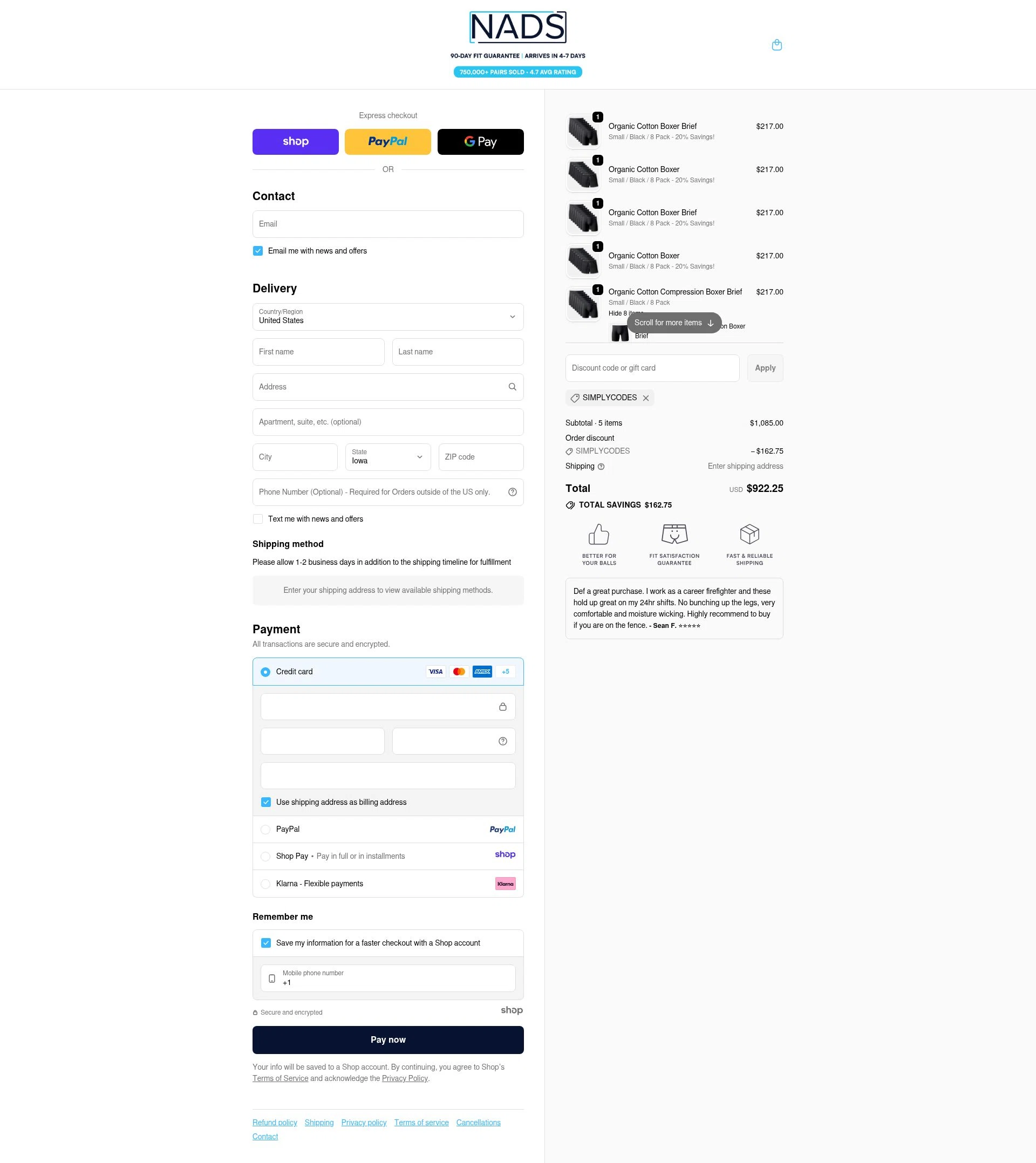Nads checkout page showing Nads discount code box | Screenshot taken by SimplyCodes community member on Nov 9, 2025