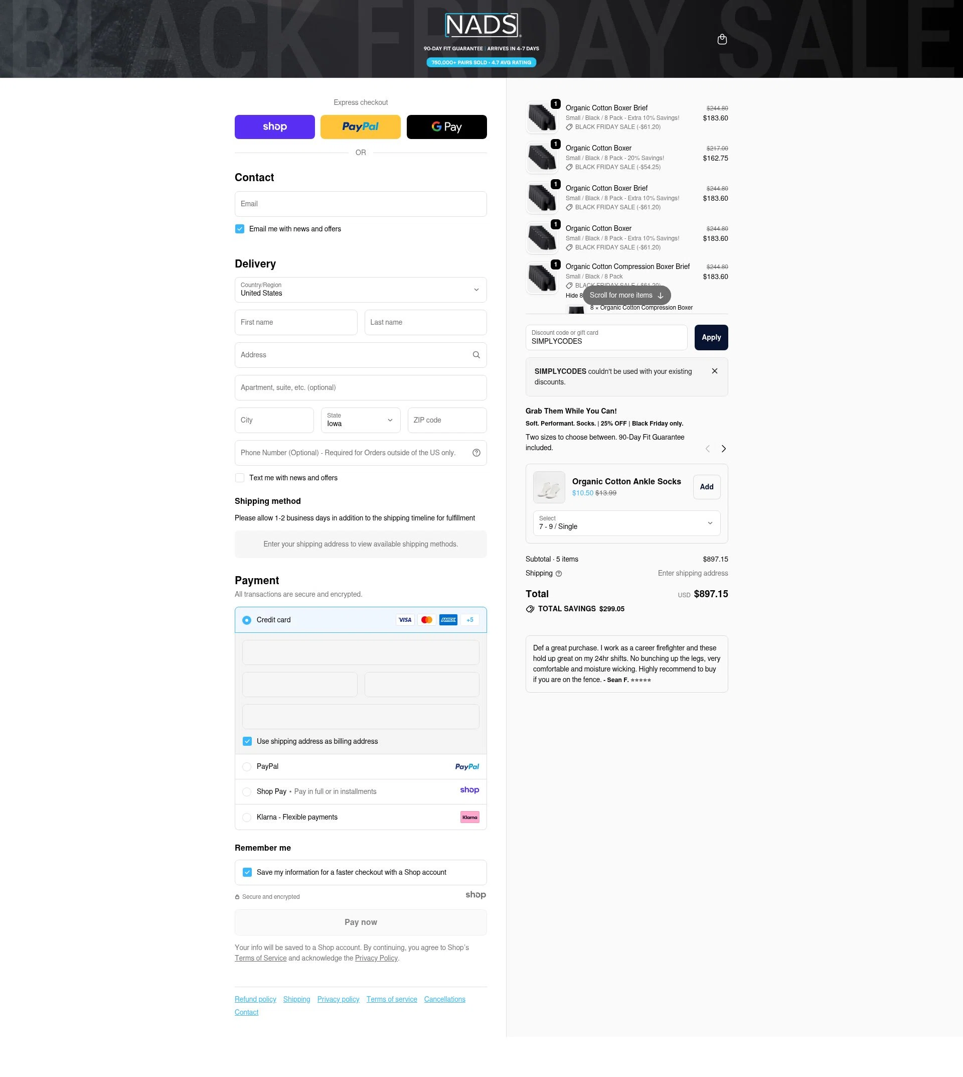 Nads checkout page showing Nads discount code box | Screenshot taken by SimplyCodes community member on Nov 14, 2025