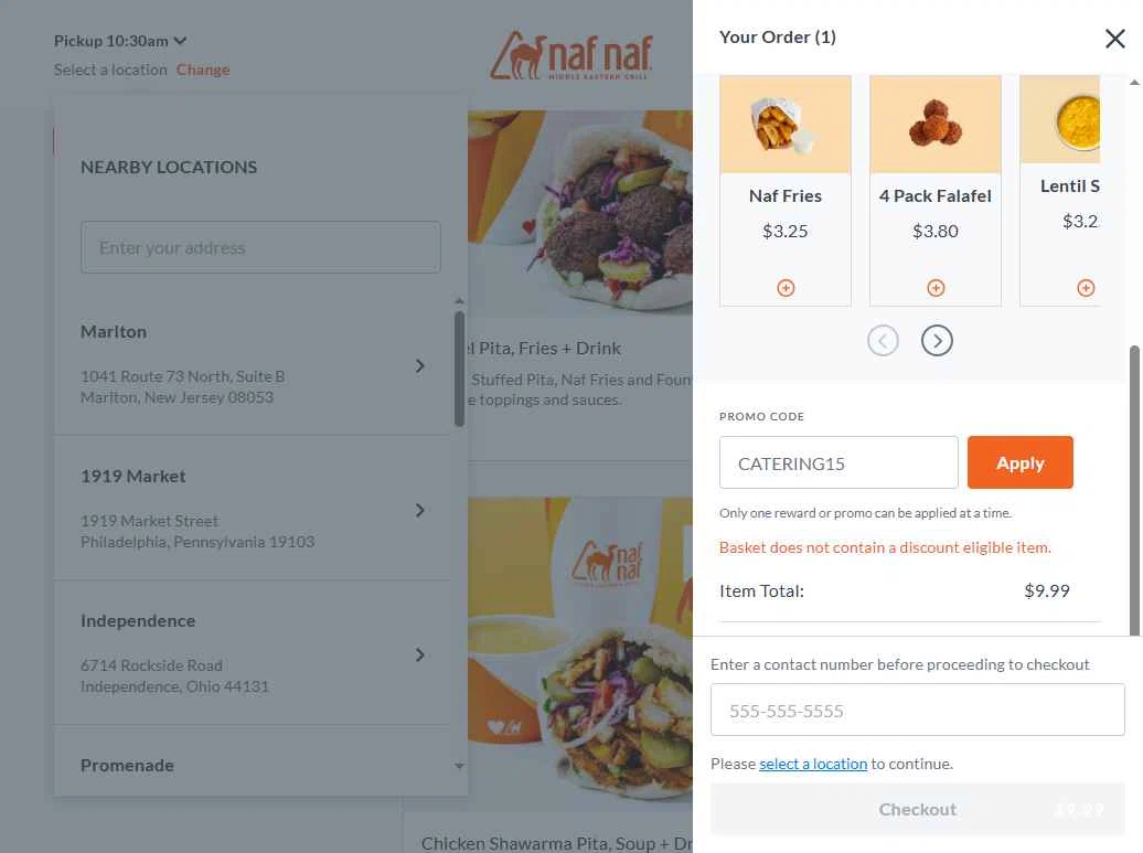 Naf Naf Grill checkout page showing Naf Naf Grill promo code box | Screenshot taken by SimplyCodes community member on Jan 20, 2026
