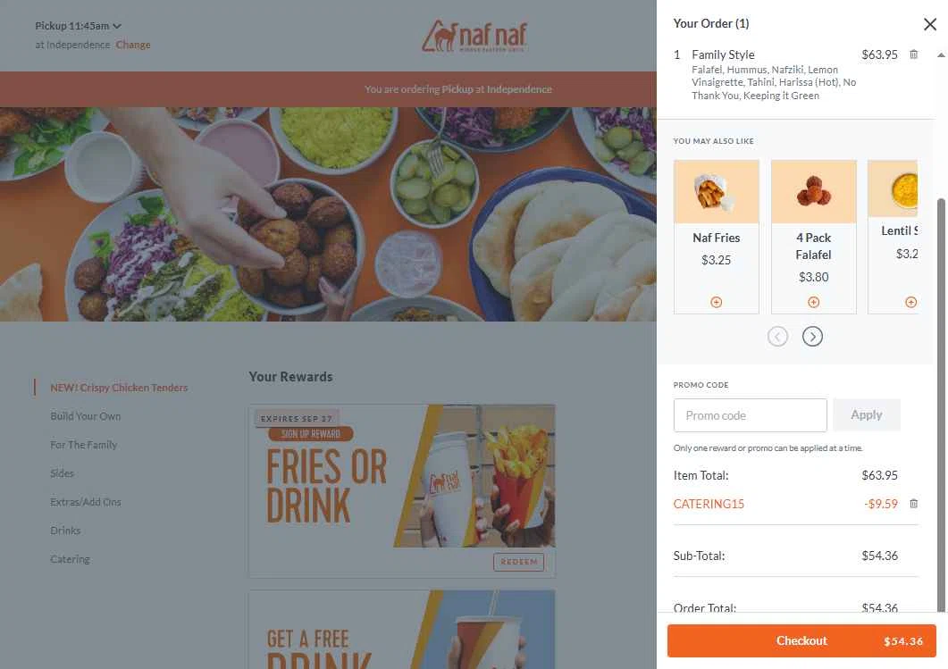 Naf Naf Grill checkout page showing Naf Naf Grill promo code box | Screenshot taken by SimplyCodes community member on Aug 28, 2025