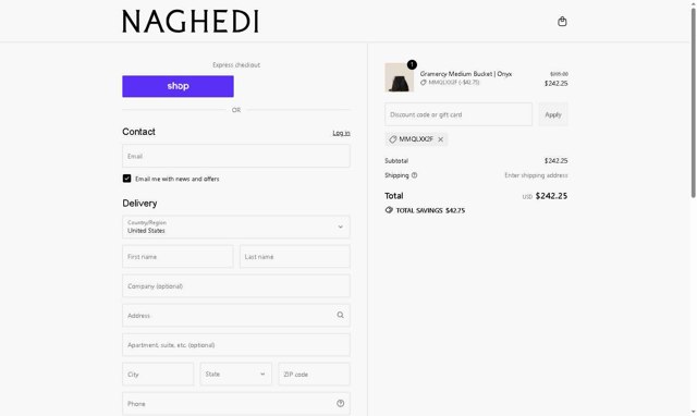 NAGHEDI checkout page showing NAGHEDI discount code box | Screenshot taken by SimplyCodes community member on Sep 4, 2025