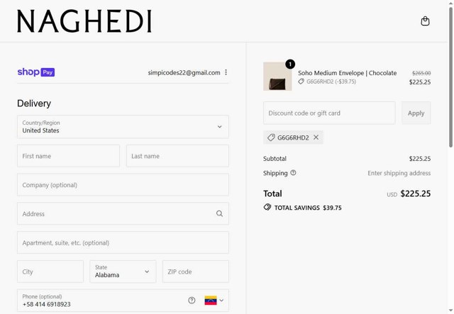 NAGHEDI checkout page showing NAGHEDI discount code box | Screenshot taken by SimplyCodes community member on Aug 23, 2025