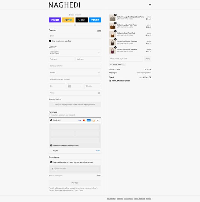 NAGHEDI checkout page showing NAGHEDI discount code box | Screenshot taken by SimplyCodes community member on Aug 27, 2025