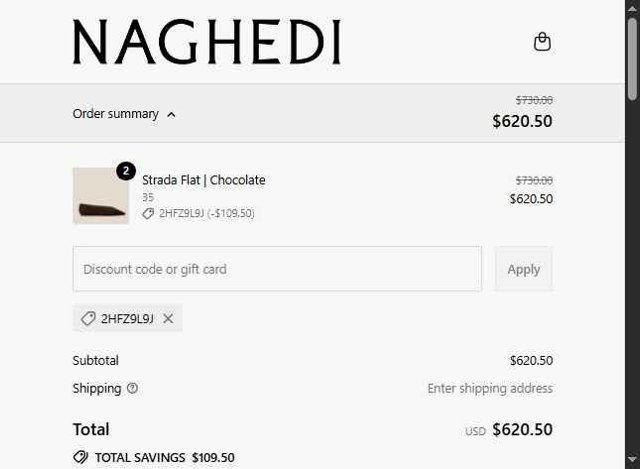 NAGHEDI checkout page showing NAGHEDI discount code box | Screenshot taken by SimplyCodes community member on Aug 29, 2025