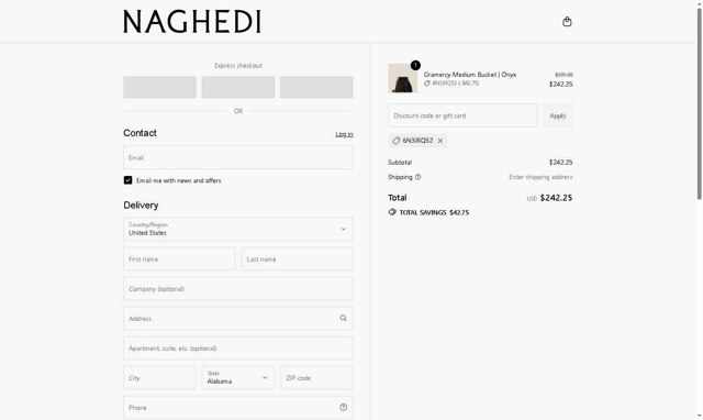 NAGHEDI checkout page showing NAGHEDI discount code box | Screenshot taken by SimplyCodes community member on Aug 31, 2025