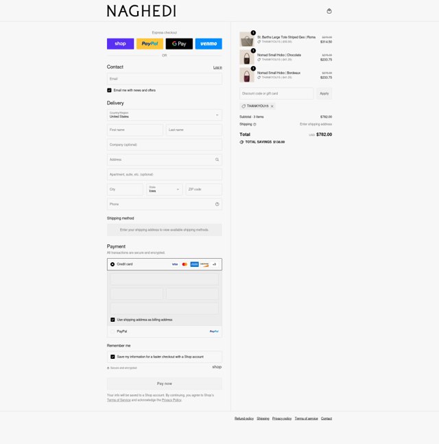 NAGHEDI checkout page showing NAGHEDI discount code box | Screenshot taken by SimplyCodes community member on Sep 4, 2025