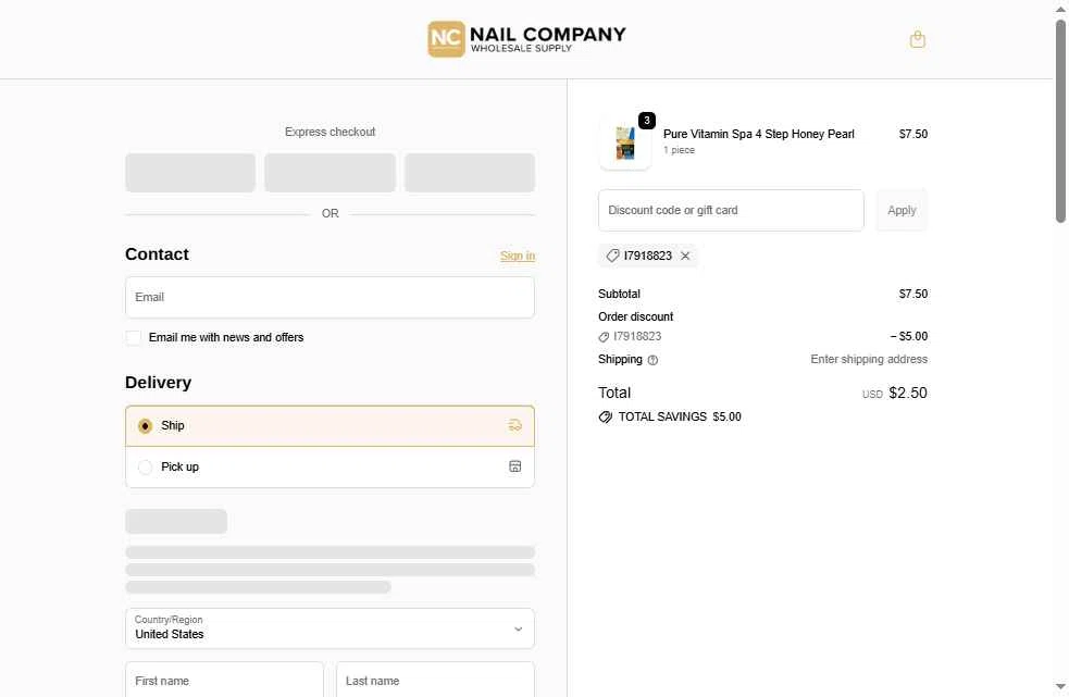 Nail Company checkout page showing Nail Company discount code box | Screenshot taken by SimplyCodes community member on Jan 17, 2026