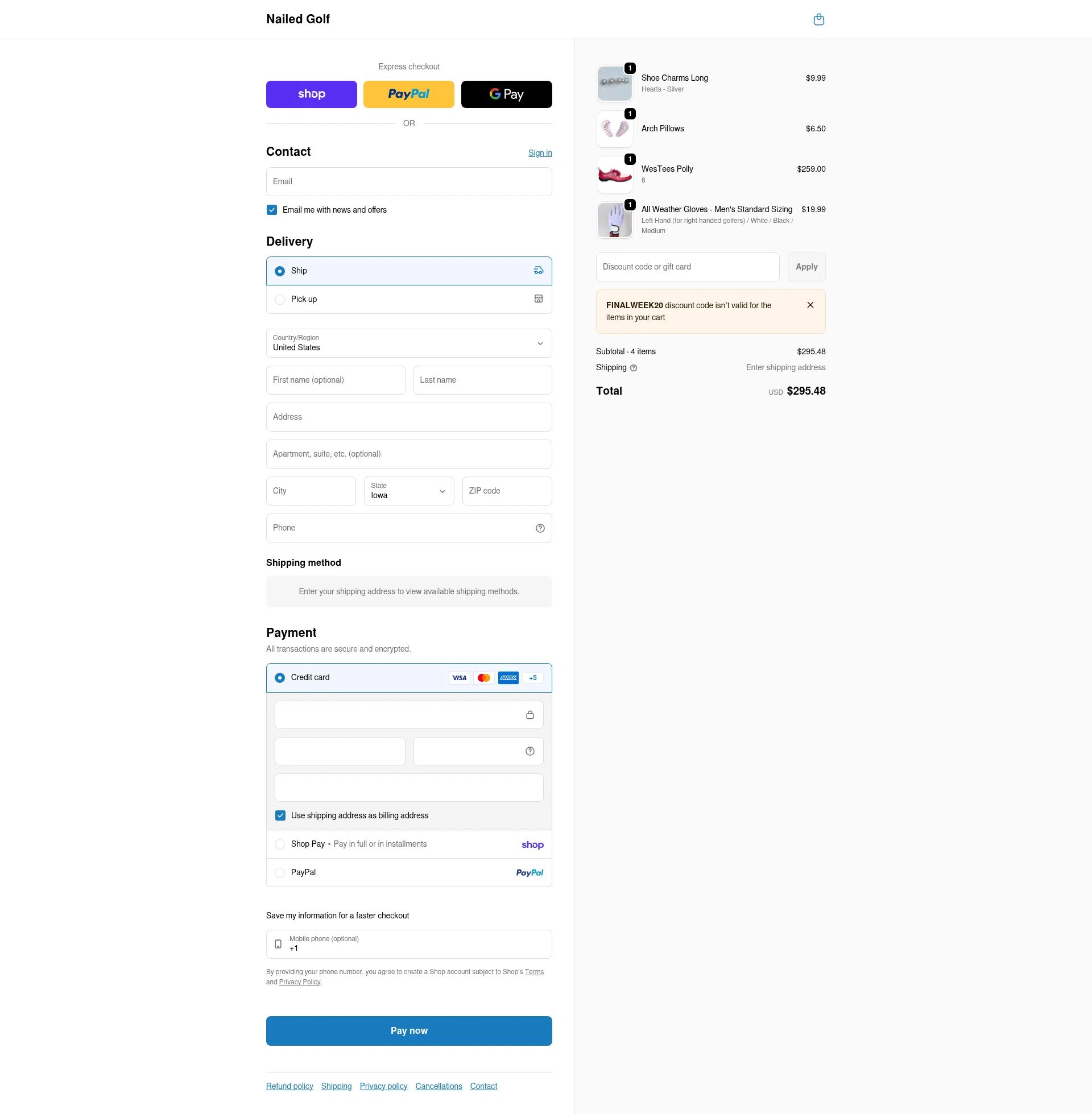 Nailed Golf checkout page showing Nailed Golf promo code box | Screenshot taken by SimplyCodes community member on Feb 20, 2026