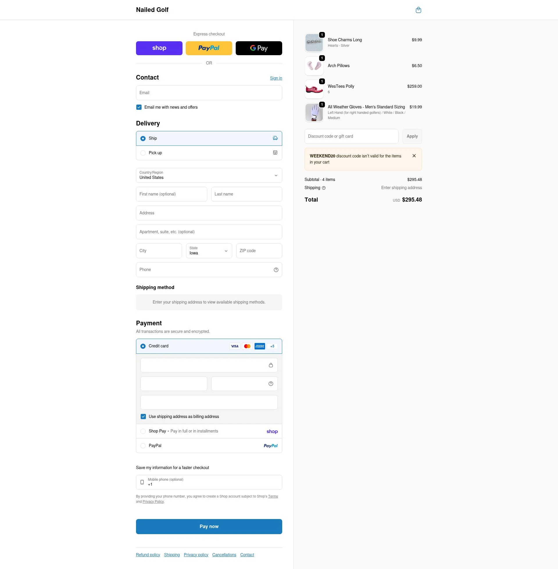Nailed Golf checkout page showing Nailed Golf promo code box | Screenshot taken by SimplyCodes community member on Feb 20, 2026