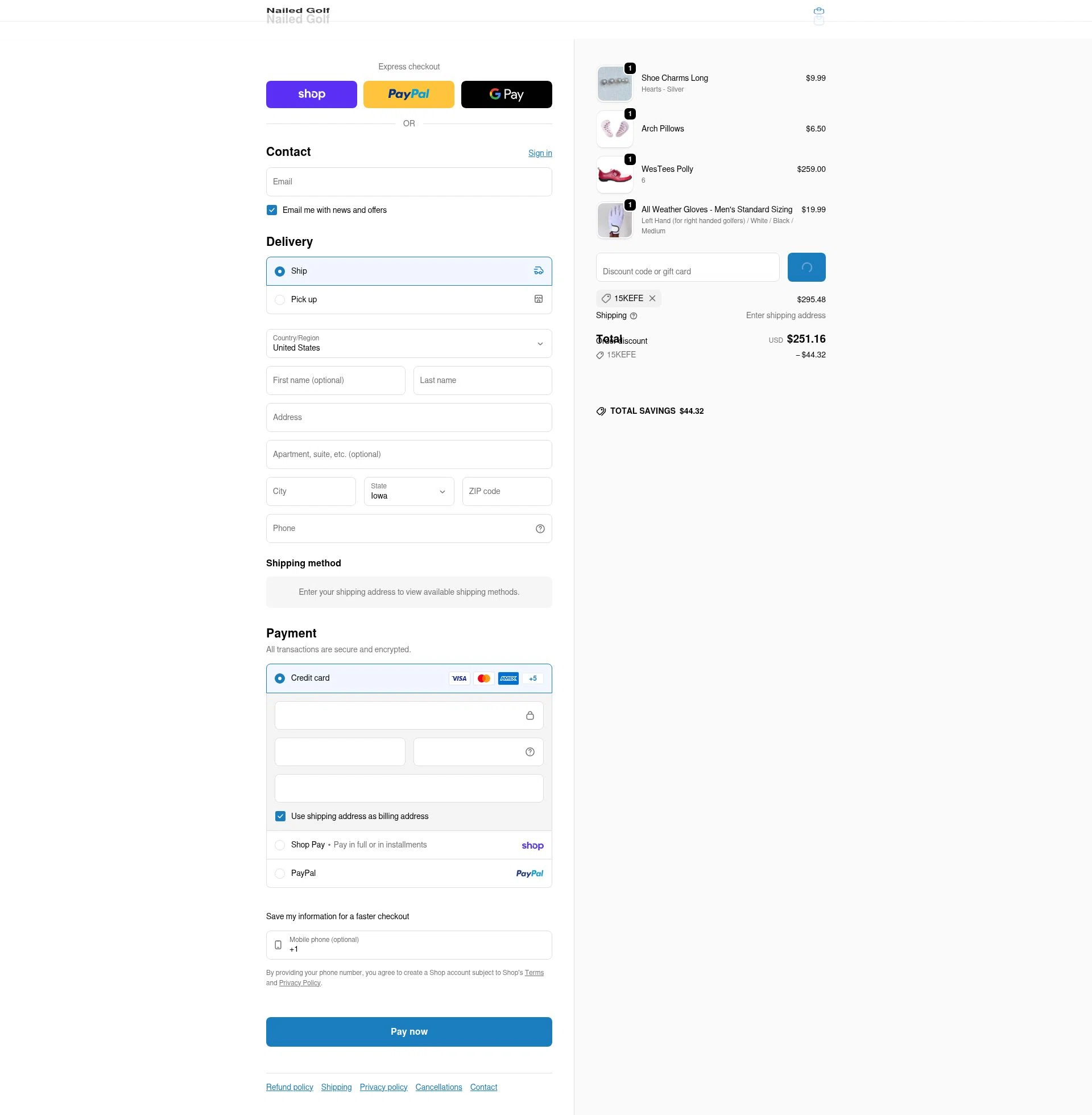 Nailed Golf checkout page showing Nailed Golf promo code box | Screenshot taken by SimplyCodes community member on Feb 20, 2026