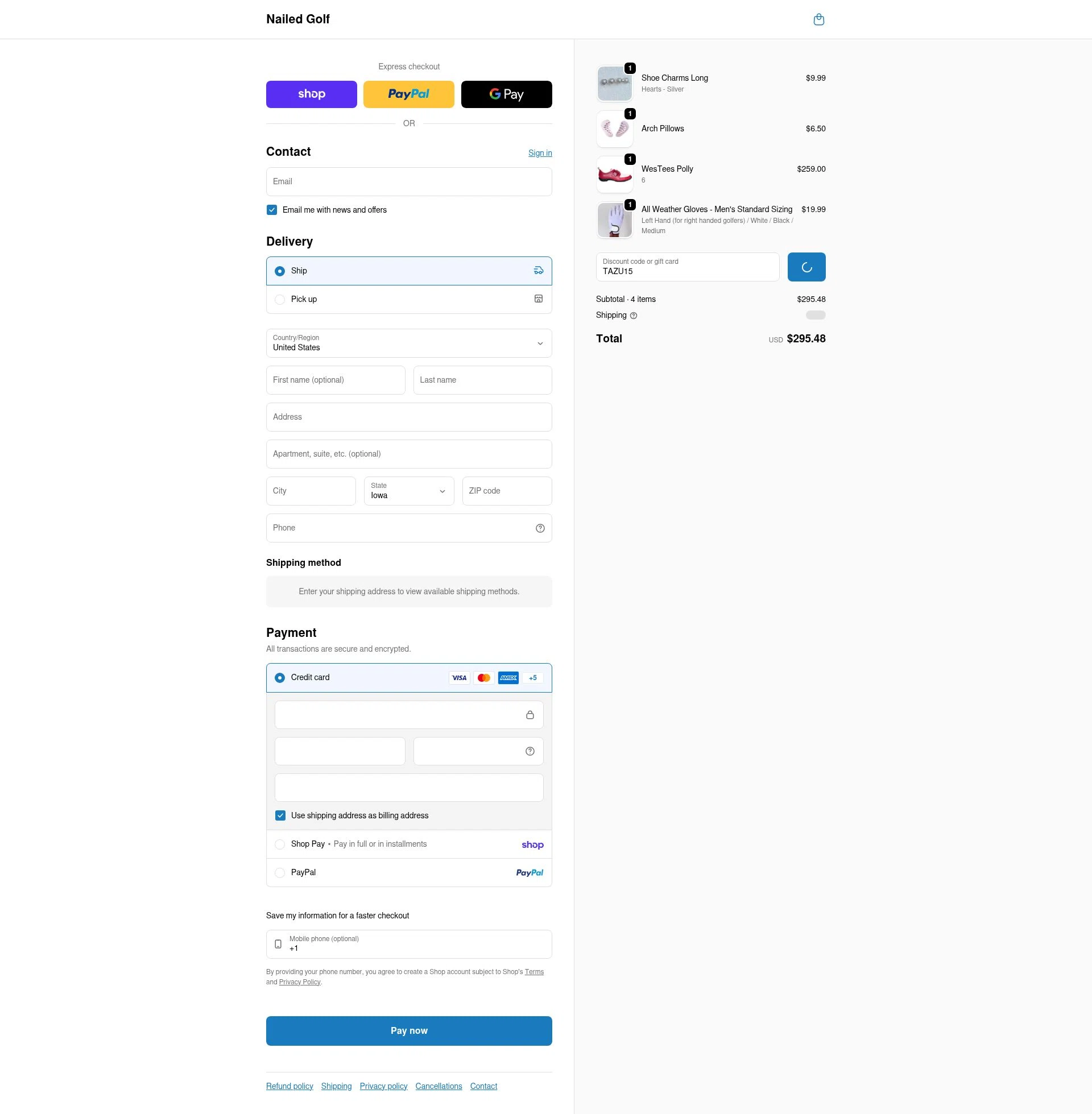 Nailed Golf checkout page showing Nailed Golf promo code box | Screenshot taken by SimplyCodes community member on Feb 20, 2026