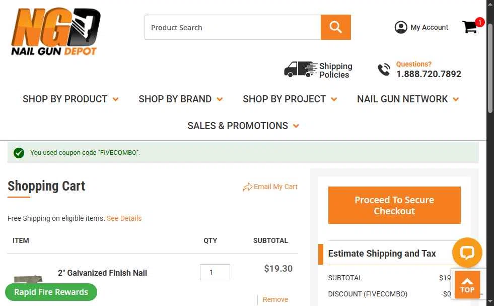 Nail Gun Depot checkout page showing Nail Gun Depot coupon code box | Screenshot taken by SimplyCodes community member on Jan 24, 2026