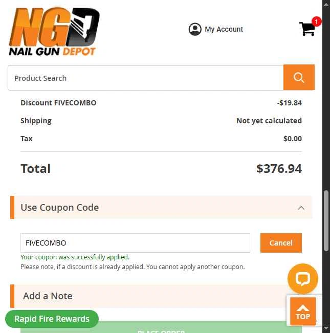 Nail Gun Depot checkout page showing Nail Gun Depot coupon code box | Screenshot taken by SimplyCodes community member on Jan 24, 2026