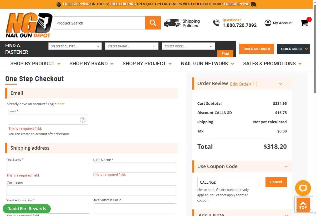 Nail Gun Depot checkout page showing Nail Gun Depot coupon code box | Screenshot taken by SimplyCodes community member on Nov 6, 2025
