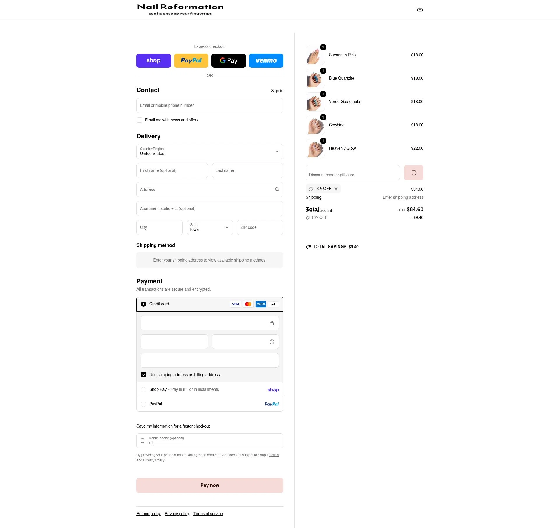 Nail Reformation checkout page showing Nail Reformation discount code box | Screenshot taken by SimplyCodes community member on Feb 14, 2026