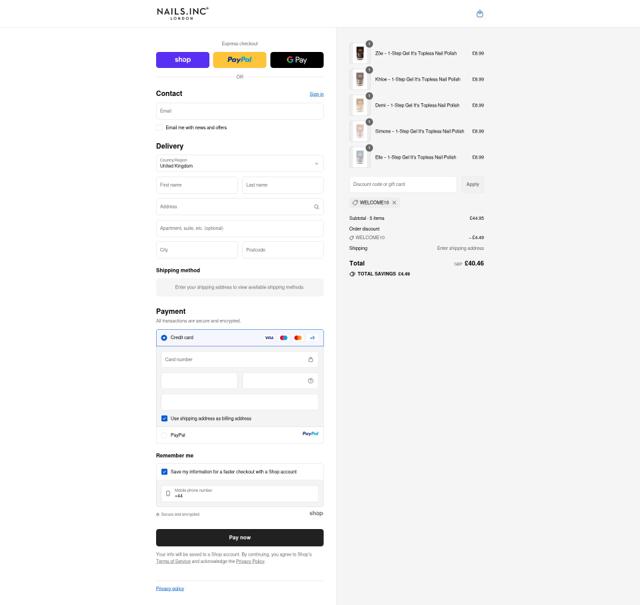 Nails checkout page showing Nails promo code box | Screenshot taken by SimplyCodes community member on Sep 15, 2025