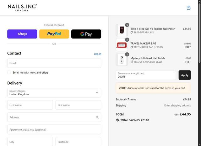 Nails checkout page showing Nails promo code box | Screenshot taken by SimplyCodes community member on Aug 29, 2025