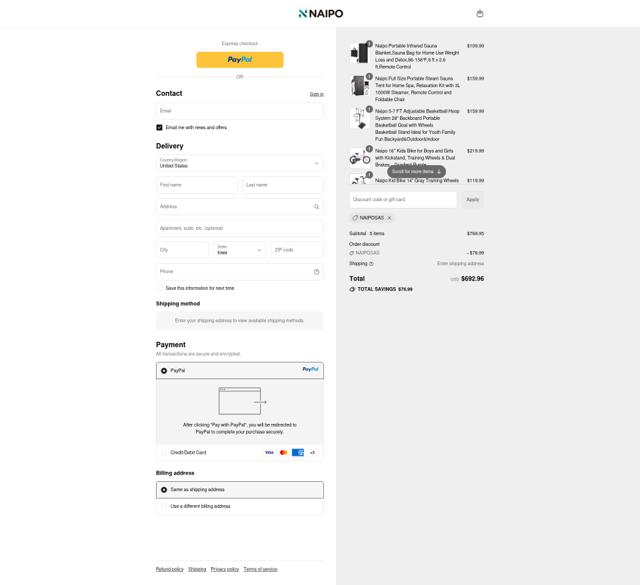 Naipo checkout page showing Naipo promo code box | Screenshot taken by SimplyCodes community member on Sep 10, 2025