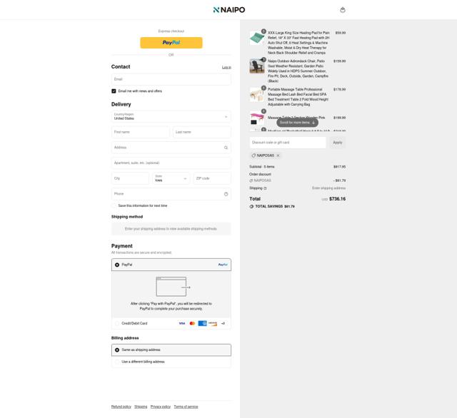 Naipo checkout page showing Naipo promo code box | Screenshot taken by SimplyCodes community member on Aug 20, 2025