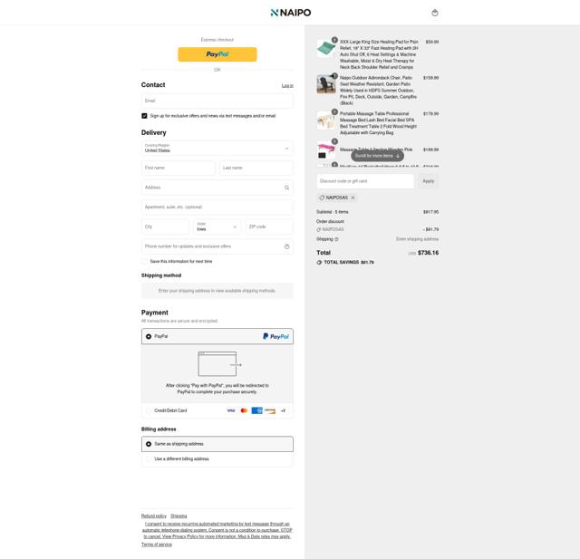 Naipo checkout page showing Naipo promo code box | Screenshot taken by SimplyCodes community member on Aug 7, 2025