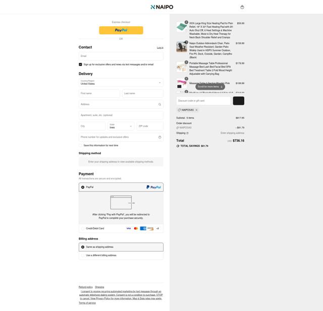 Naipo checkout page showing Naipo promo code box | Screenshot taken by SimplyCodes community member on Aug 11, 2025