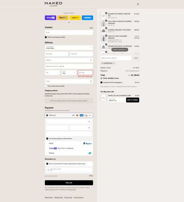 Naked Cashmere checkout page showing Naked Cashmere promo code box | Screenshot taken by SimplyCodes community member on Jul 19, 2025