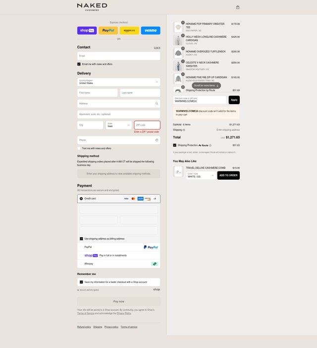 Naked Cashmere checkout page showing Naked Cashmere promo code box | Screenshot taken by SimplyCodes community member on Aug 5, 2025