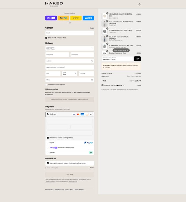Naked Cashmere checkout page showing Naked Cashmere promo code box | Screenshot taken by SimplyCodes community member on Jul 14, 2025