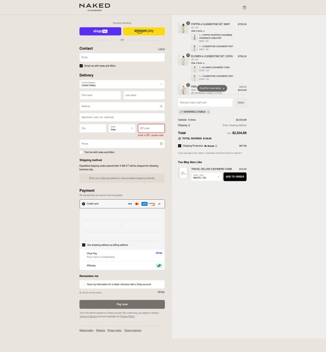 Naked Cashmere checkout page showing Naked Cashmere promo code box | Screenshot taken by SimplyCodes community member on Aug 17, 2025