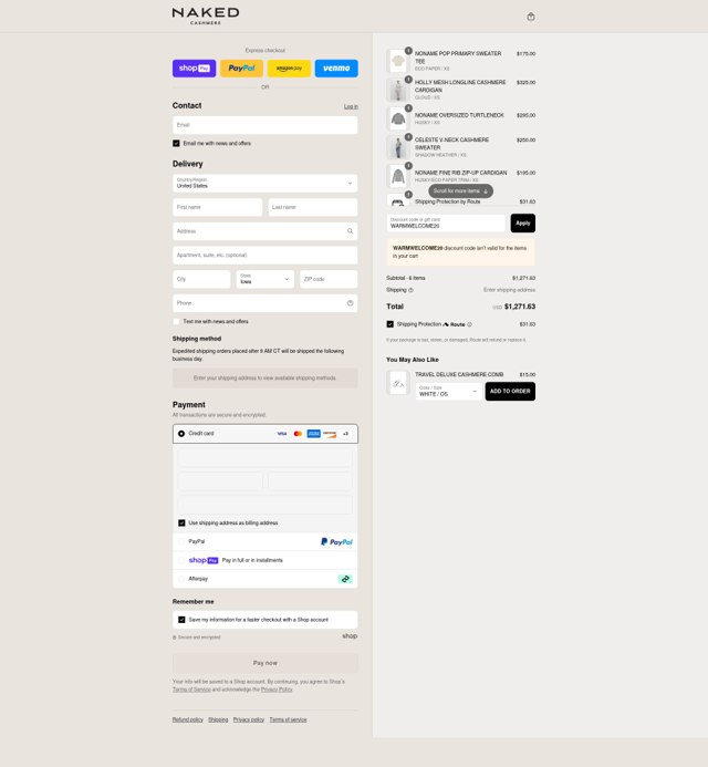Naked Cashmere checkout page showing Naked Cashmere promo code box | Screenshot taken by SimplyCodes community member on Jul 27, 2025