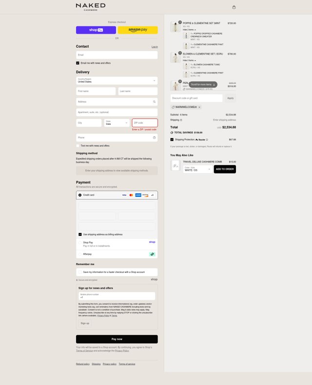 Naked Cashmere checkout page showing Naked Cashmere promo code box | Screenshot taken by SimplyCodes community member on Aug 23, 2025